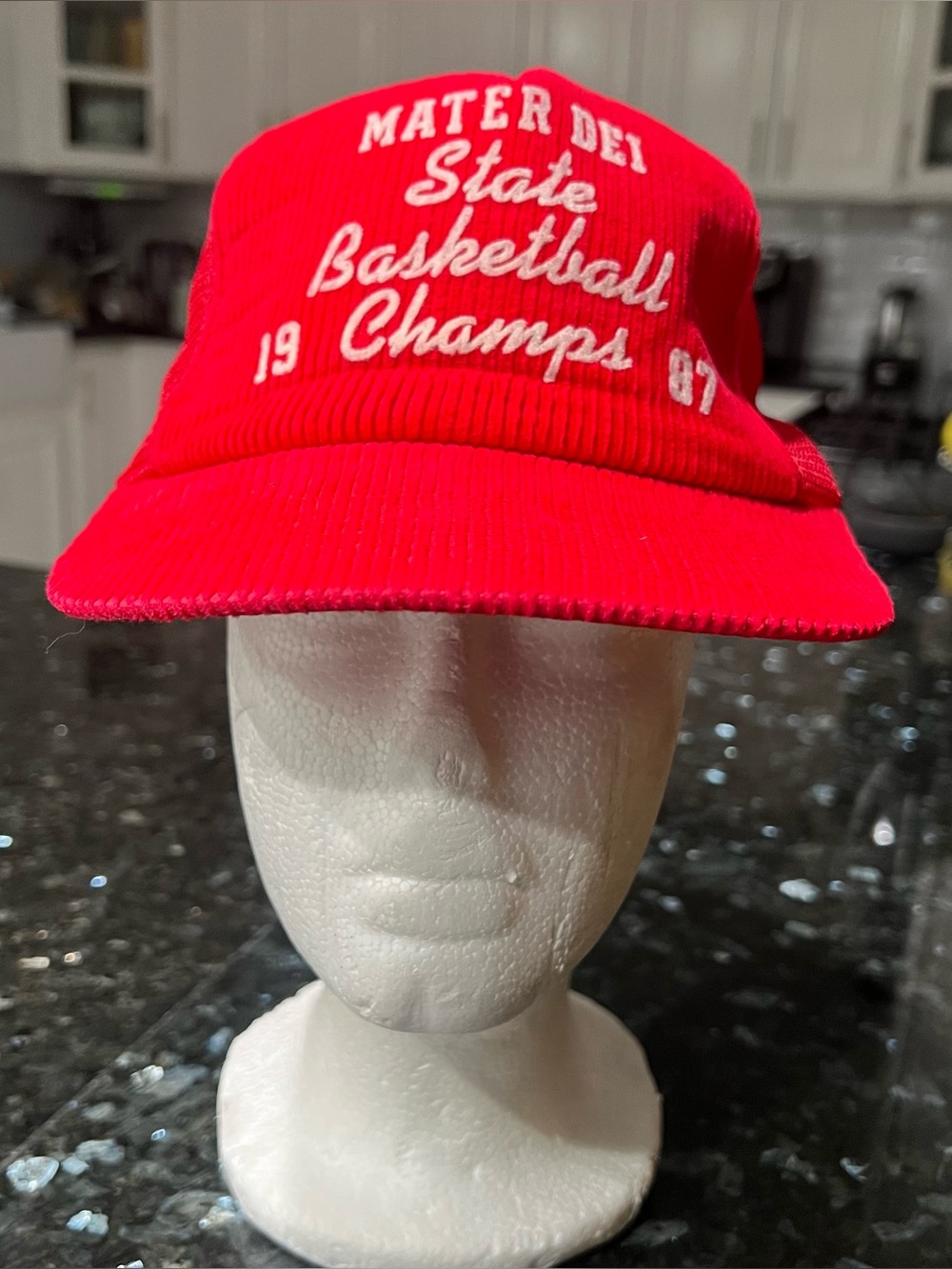 Vintage 80s Corduroy Trucker Hat Mater Dei 1987 State Basketball Champs Red D1